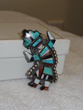 Vintage Zuni Rainbow Man Turquoise, Red Choral, Black Onyx & Mother-of-Pearl